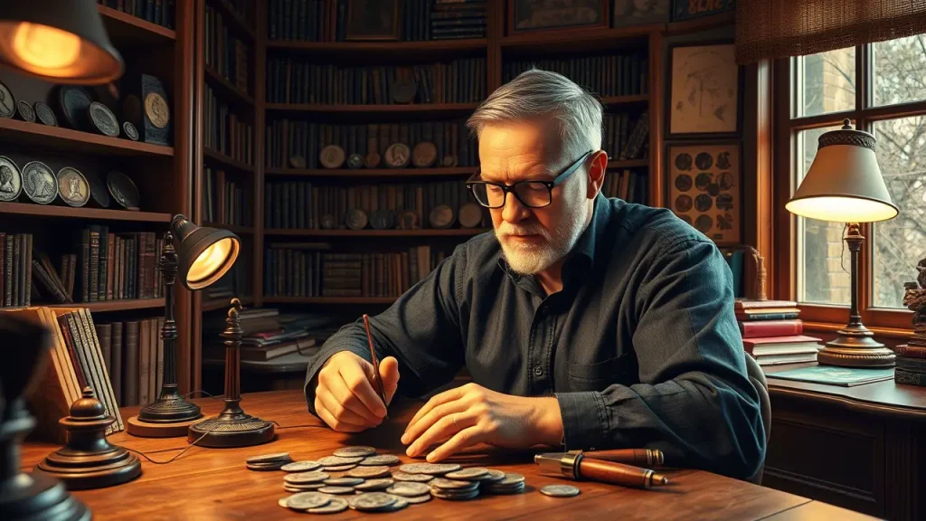 The numismatist's office. A man is sitting at a table. He has a magnifying glass and other magnifying tools in his hands. He examines the coin carefully
